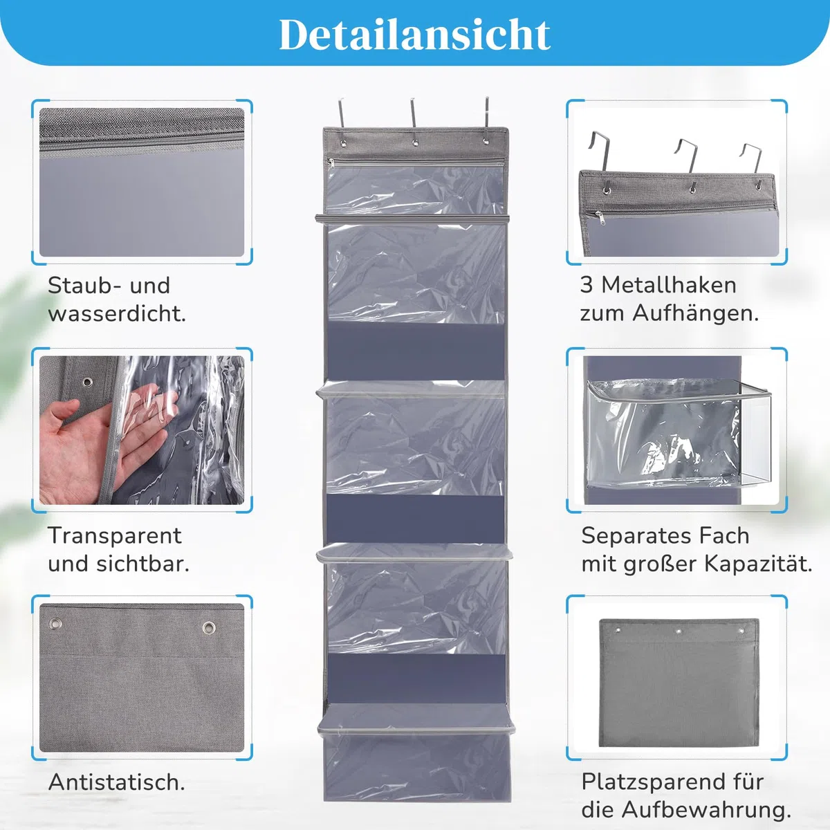 Tür hängende Wolle Aufbewahrung, Hängeorganizer Tür mit 5 durchsichtigen Kunststofftaschen & 3 großen Metallhaken für Stricknadeln,Hängender Garn-Organizer für Stricknadeln, Häkelnadeln, Nähkugeln
