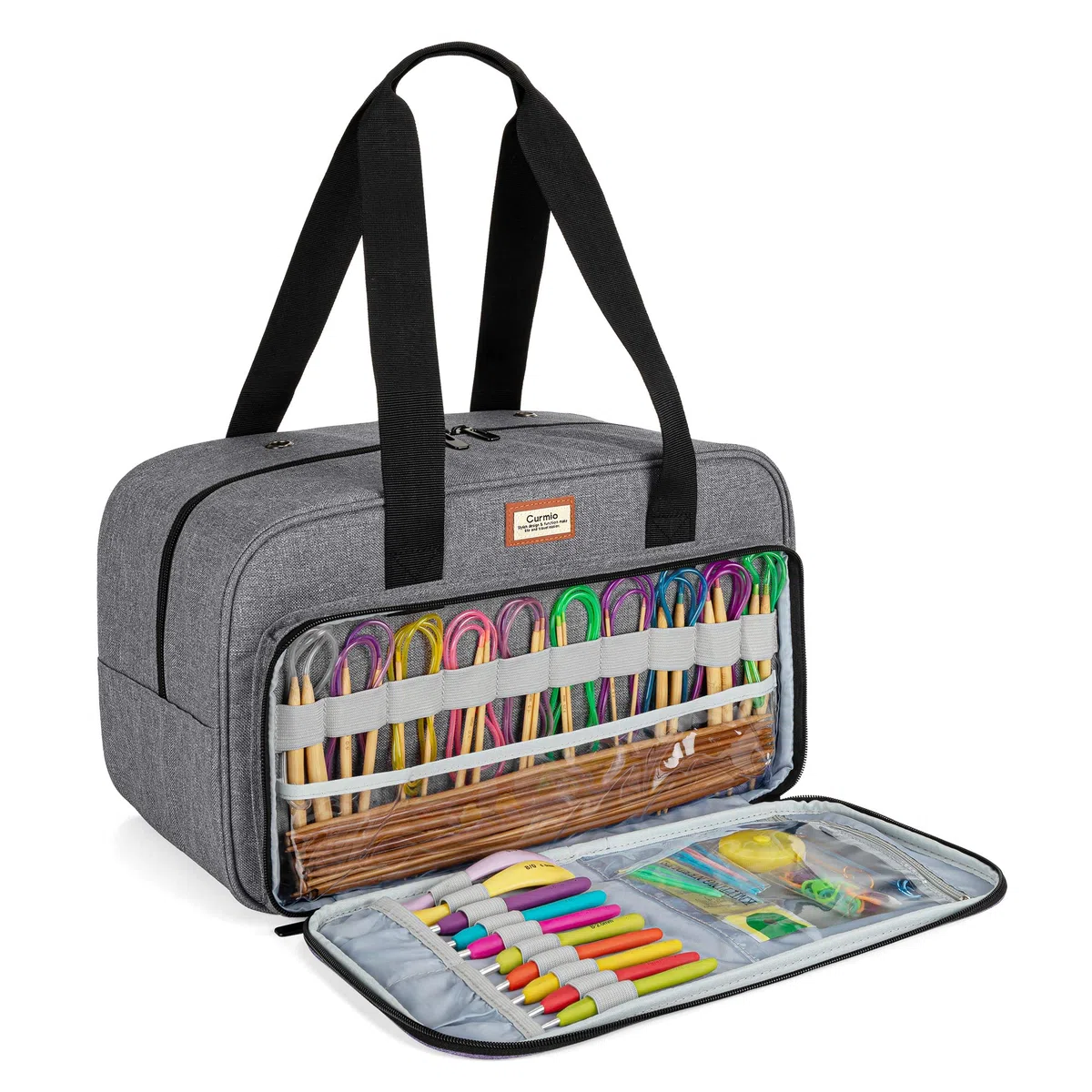 CURMIO Wolle Aufbewahrungstasche, Stricktasche für Garn, Tragetasche zum Stricken von Projekten, Häkel-/Stricknadeln und Anderem Zubehör (OHNE ZUBEHÖR ENTHALTEN), Grau