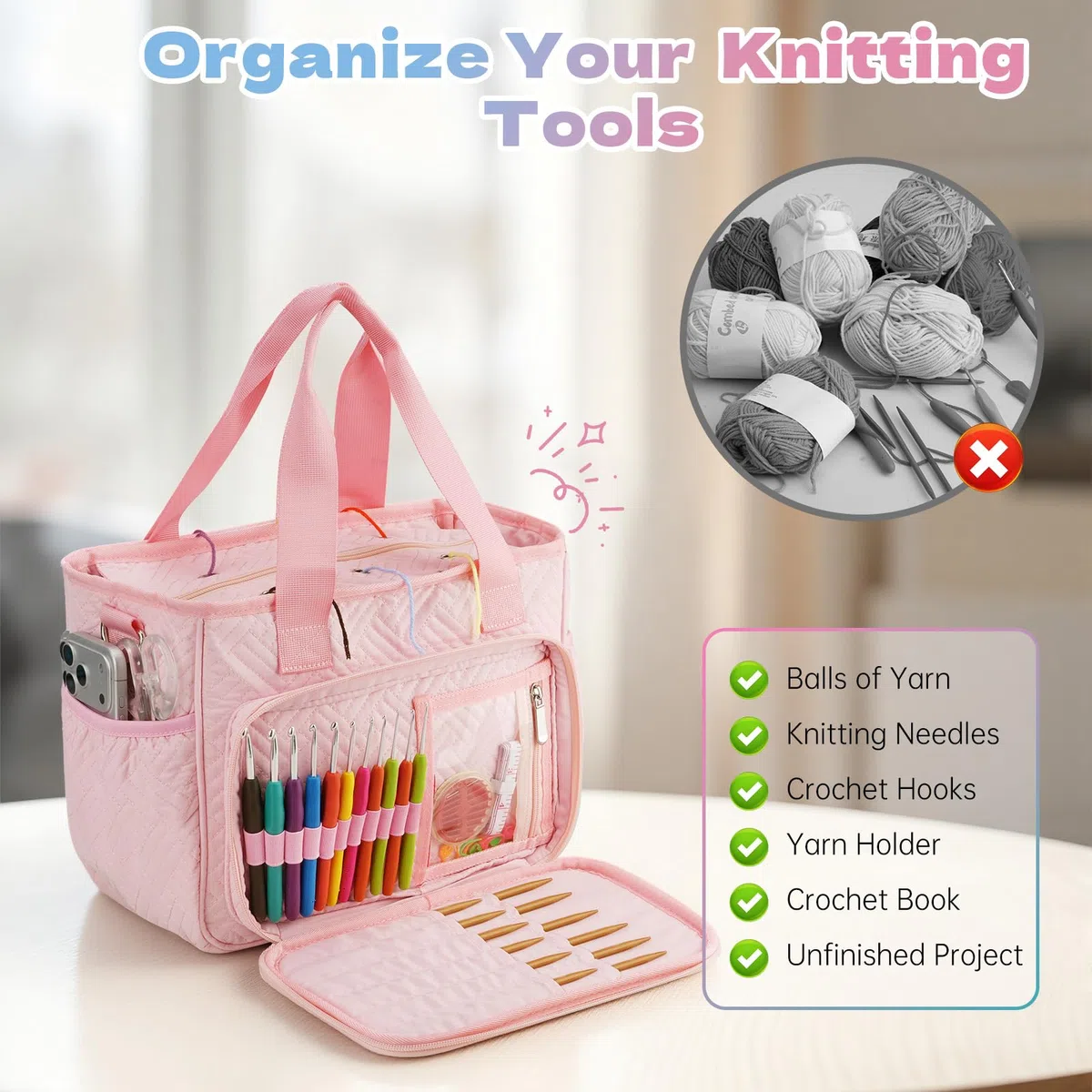 Dadanism Häkel Basteltasche, Strick Tasche, Garn Aufbewahrung Nähtaschen mit Griff & Schultergurt, Garn Aufbewahrung Organizer für Häkeln Stricker Häkelnadeln Stricknadeln Set Nähzubehör, Rosa