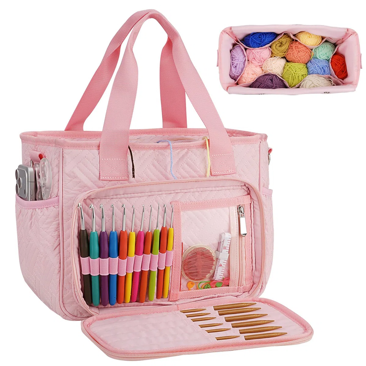 Dadanism Häkel Basteltasche, Strick Tasche, Garn Aufbewahrung Nähtaschen mit Griff & Schultergurt, Garn Aufbewahrung Organizer für Häkeln Stricker Häkelnadeln Stricknadeln Set Nähzubehör, Rosa