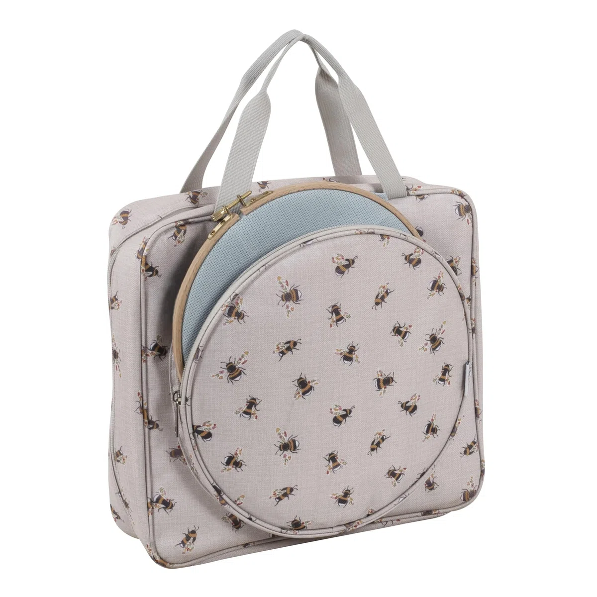Hobby Gift Bienen-Basteltasche, Stick- und Kreuzstichtasche, Aufbewahrung für Mehrfachrahmen bis zu 25 cm, mit 2 Reißverschlusstaschen für Fäden, Muster, Stecknadeln und Zubehör, 12x35x35 cm