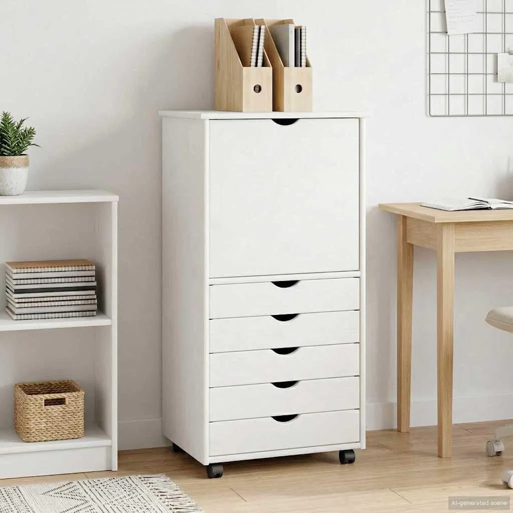 Rollschrank Kiefer Massivholz Weiß 53 x 39 x 103 cm Mobiler Rollcontainer mit 5 Schubladen und 1 Fach Moderner Beistellschrank für Home-Office Arbeitszimmer und Wohnzimmer
