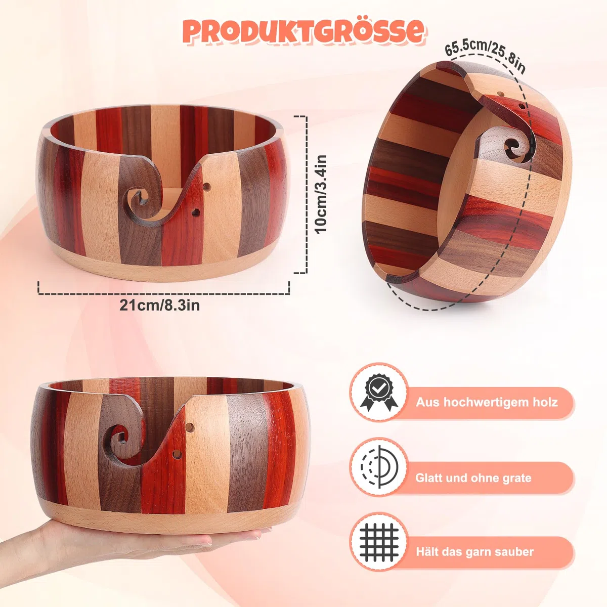 Coopay Super Groß Garnschale zum Häkeln, 21 X 21 X 10 cm Farbenfroh Strickschale zum Strick- und Häkelprojekte, Handgefertigte Groß Wollschüssel mit Löchern für Wolle, Wooden Yarn Bowl