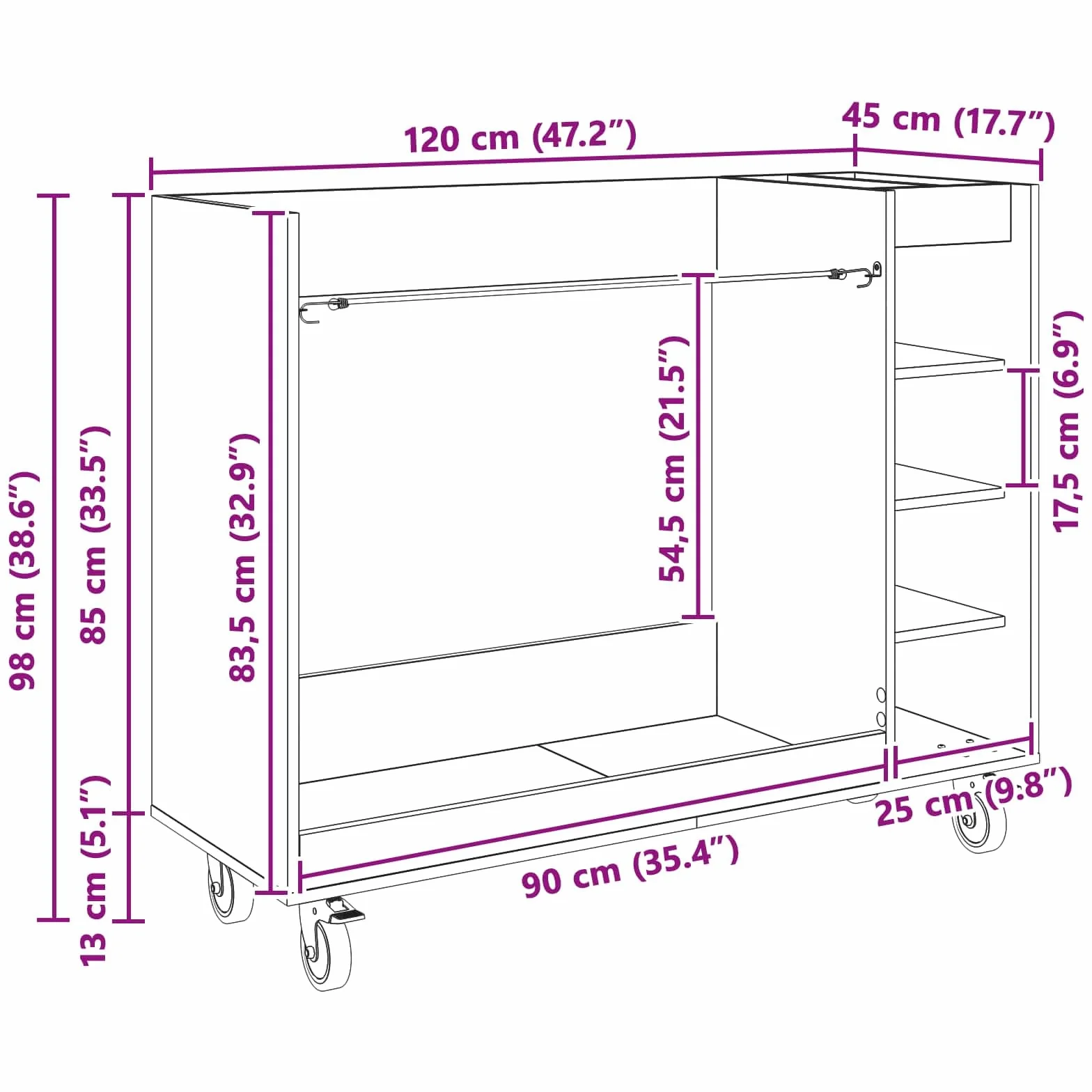 vidaXL Golf Schrank Mit Rad Uni Schwarz Eichen-Optik 120 x 45 x 98 cm, Geräumiger Stauraum, schicker Garagenschrank, rechteckiger Golf-Organizer, freistehendes Holzregal