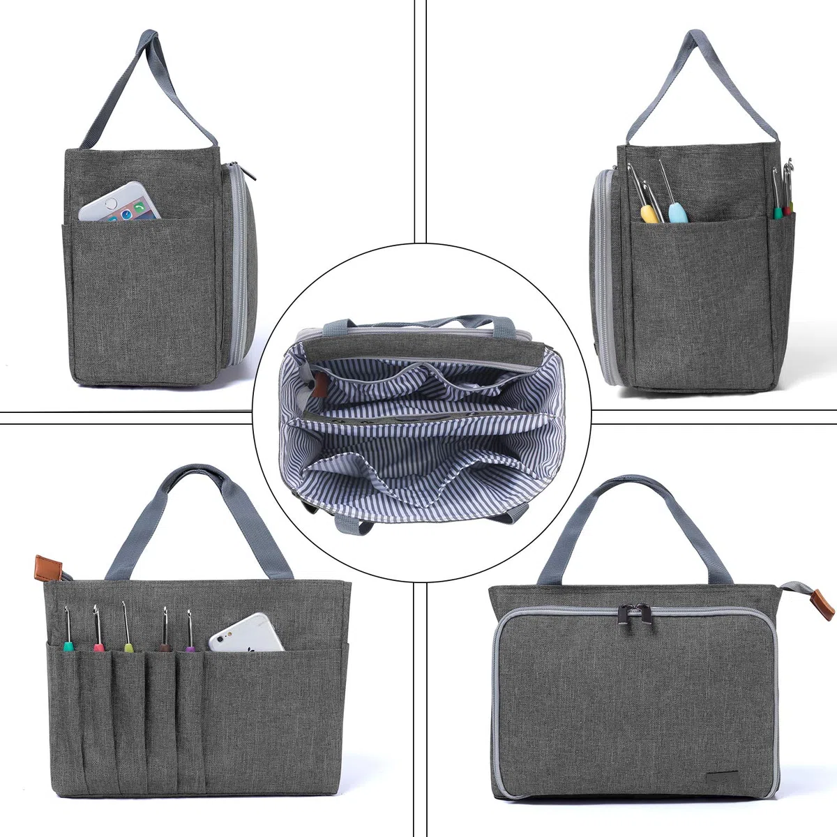 Luxja Handarbeitstasche Häkeln, Garn Aufbewahrung, Tasche Stricken für Unvollendete Projekte, Häkelnadeln und Anderes Zubehör (Kein Zubehör Enthalten), Grau