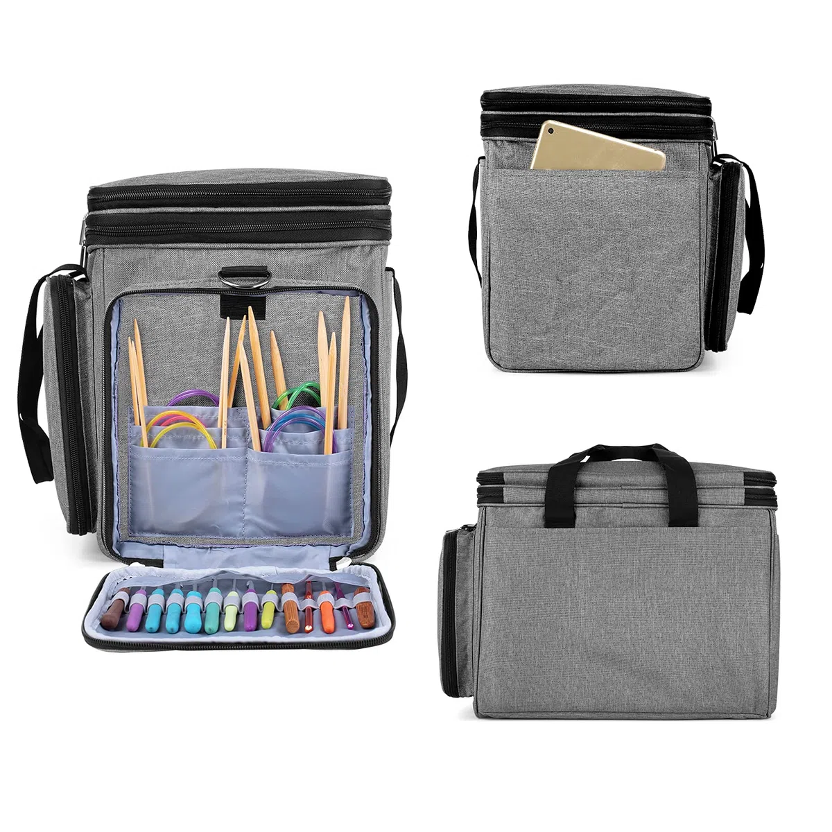 Luxja Wolle Tasche für Garn, Handarbeitstasche für Stricken, Stricktasche für Garn Stränge, Häkelnadeln, Stricknadeln (bis 14 Zoll) und Zubehör (OHNE ZUBEHÖR), Grau