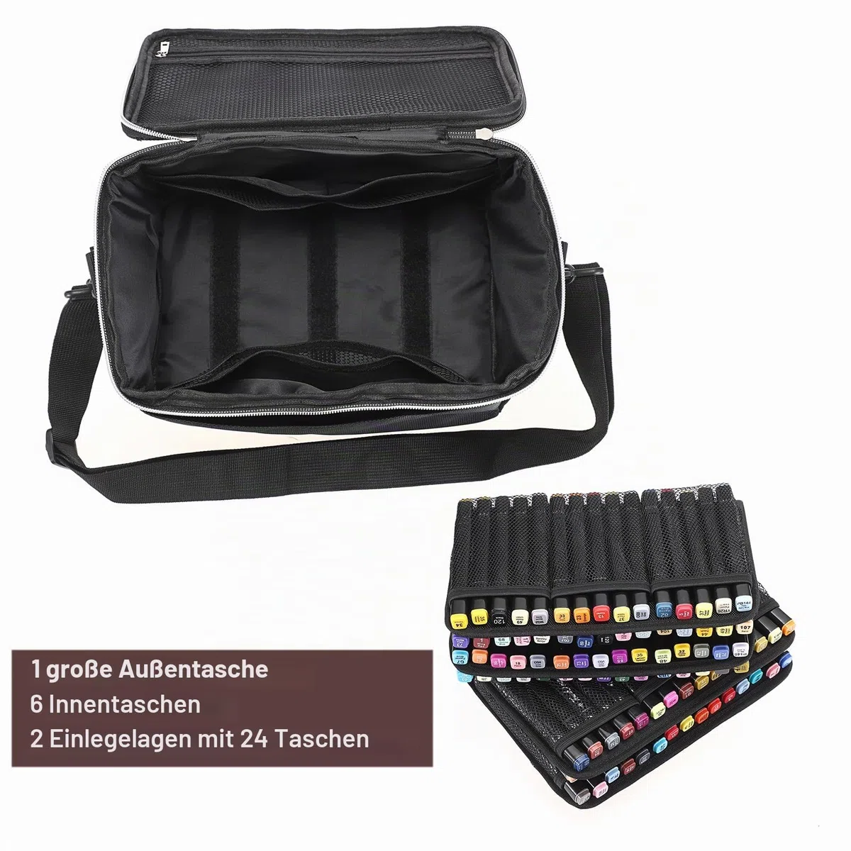 BTSKY Aufbewahrungstasche Mit Großer Kapazität für 120 Marker - Canvas-Tragetasche Mit Schultergurt für Copic-Skizzenmarker - Multifunktionale Kosmetiktasche