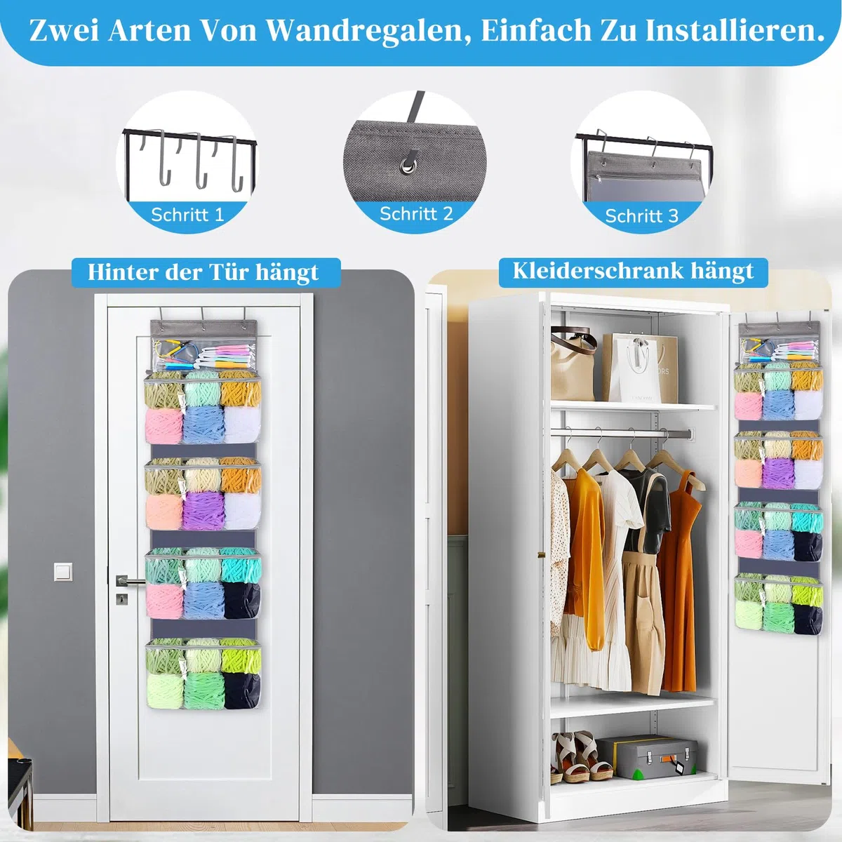 Tür hängende Wolle Aufbewahrung, Hängeorganizer Tür mit 5 durchsichtigen Kunststofftaschen & 3 großen Metallhaken für Stricknadeln,Hängender Garn-Organizer für Stricknadeln, Häkelnadeln, Nähkugeln