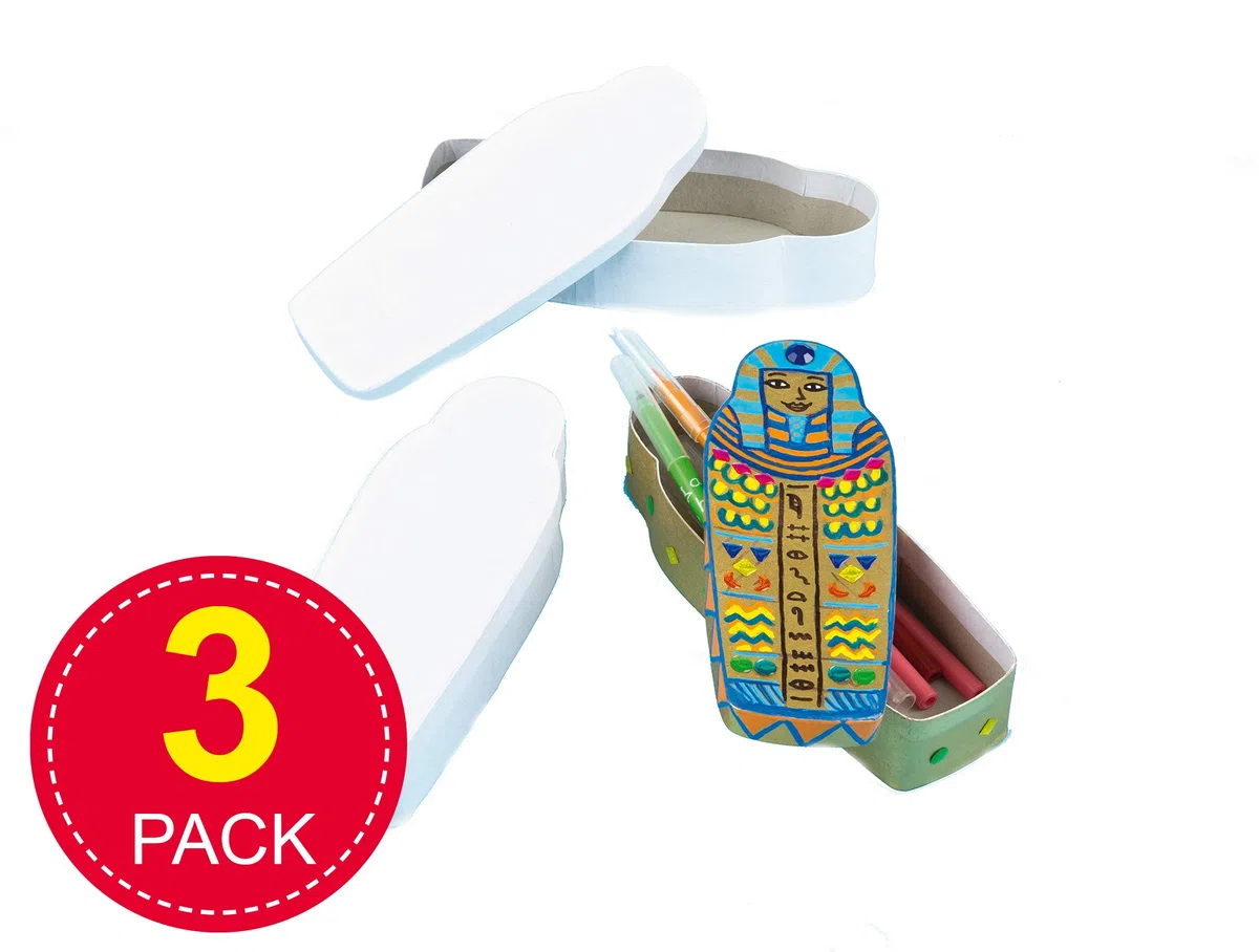 Baker Ross EV729 Blanko-Stifteboxen „Ägyptischer Sarkophag“ - 3 Stück, Weiß, 20cmx7cmx4cm (Packung mit 3)