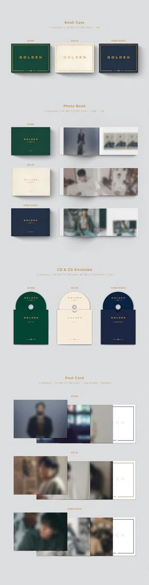 BTS - JUNGKOOK GOLDEN [SOLID Ver.] 1st Solo Album CD+Poster+Photocard+Symbol Sticker+Postcard+Photobook+Contents Envelope+(Extra BTS 6 Photocards+1 Double-Sided Photocard+Pocket Mirror)