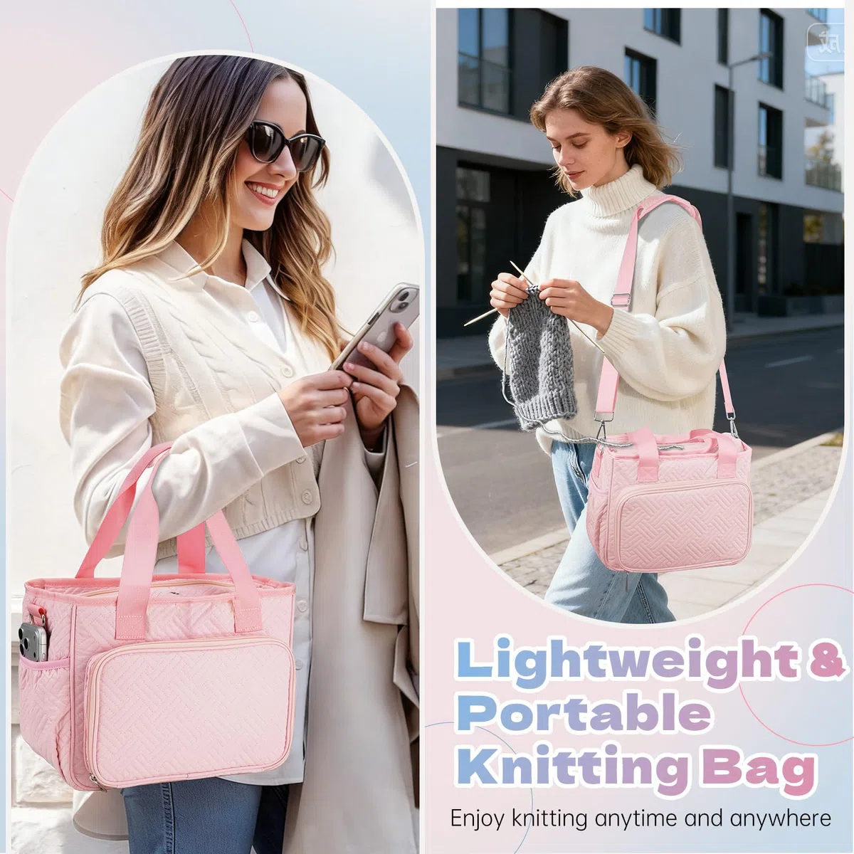 Dadanism Häkel Basteltasche, Strick Tasche, Garn Aufbewahrung Nähtaschen mit Griff & Schultergurt, Garn Aufbewahrung Organizer für Häkeln Stricker Häkelnadeln Stricknadeln Set Nähzubehör, Rosa