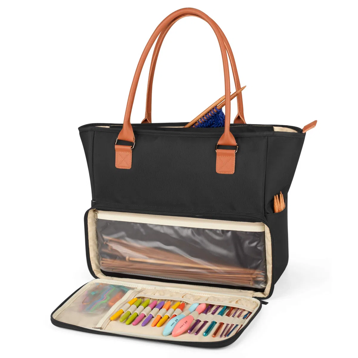 Yarwo Stricktasche mit Griff aus PU-Leder und Taschen für WIP, Stricktasche, Aufbewahrung für Wollknäuel, Stricknadeln, Häkelnadeln und anderes Zubehör für Stricken und Häkeln, Schwarz