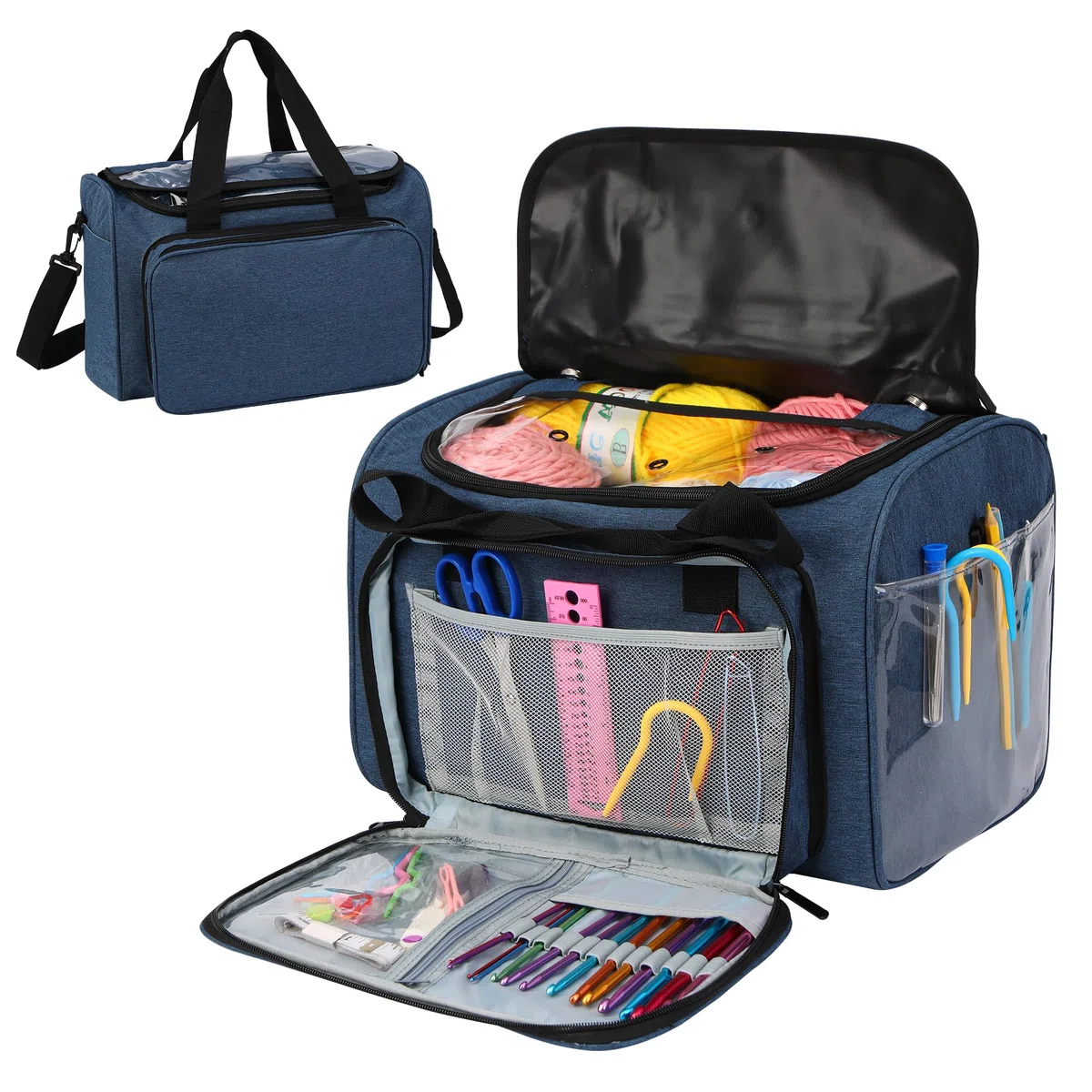 JOZEA Garn Stricken Lagerung Tote-große Kapazität häkeln Veranstalter tragbare Reisetasche mit Schultergurt häkeln Haken Fall für unfertige Bulk-Projekt（Blue