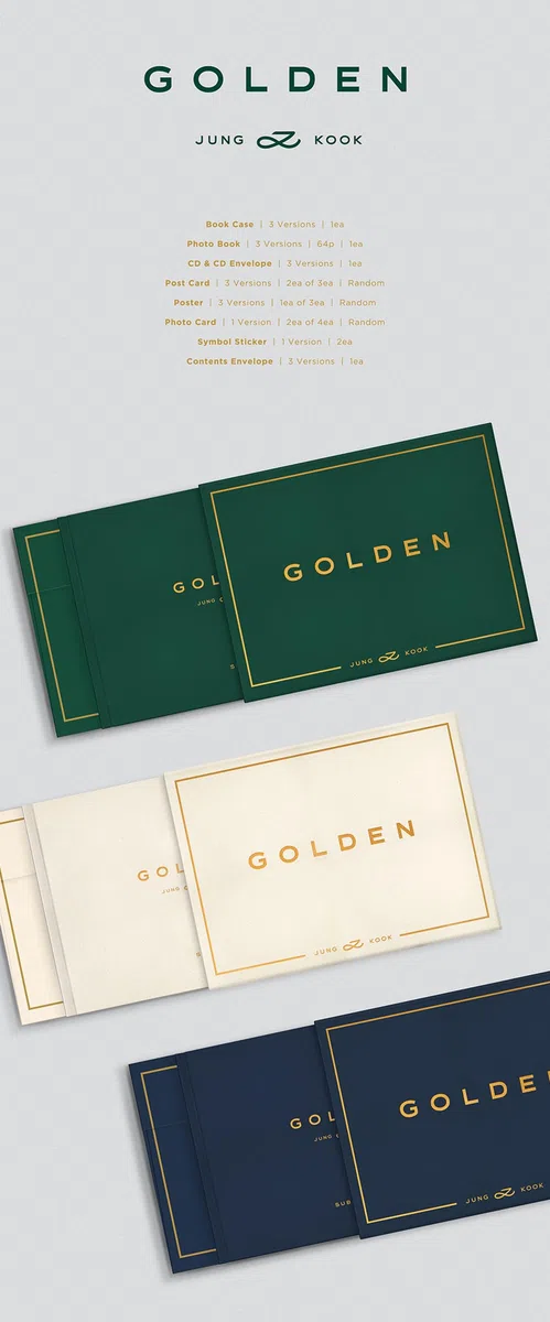 BTS - JUNGKOOK GOLDEN [SOLID Ver.] 1st Solo Album CD+Poster+Photocard+Symbol Sticker+Postcard+Photobook+Contents Envelope+(Extra BTS 6 Photocards+1 Double-Sided Photocard+Pocket Mirror)