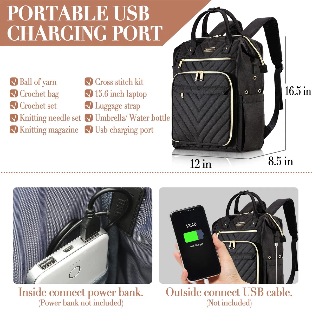 Stricktasche Rucksack, Garn Organizer mit USB-Ladeanschluss, Quilted Rucksack für Frauen, Große Reise Häkeltasche Totes für Häkelhaken, Stricknadeln, Garn Zubehör, Schwarz