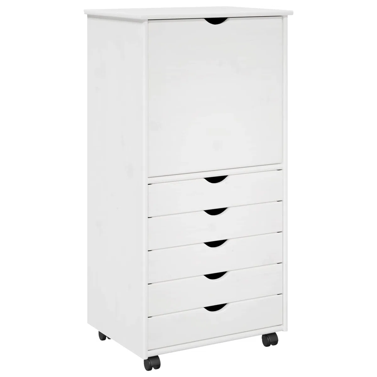 Rollschrank Kiefer Massivholz Weiß 53 x 39 x 103 cm Mobiler Rollcontainer mit 5 Schubladen und 1 Fach Moderner Beistellschrank für Home-Office Arbeitszimmer und Wohnzimmer