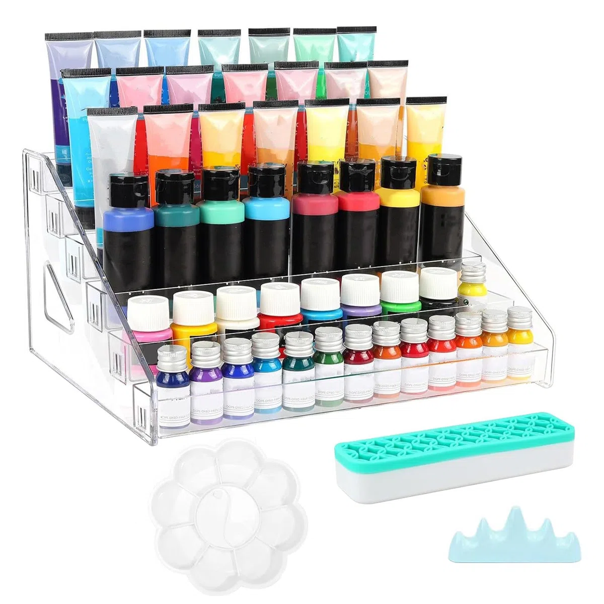 Farbaufbewahrungs-Organizer, Farb-Organizer-Rack - Transparenter Farbflaschenhalter mit Pinselständer - Acryl-Malständer, Bastelfarben-Organisationsregal für Acryl-Maltuben, Ölfarbentuben