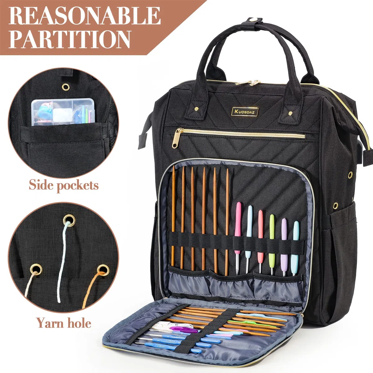 Stricktasche Rucksack, Garn Organizer mit USB-Ladeanschluss, Quilted Rucksack für Frauen, Große Reise Häkeltasche Totes für Häkelhaken, Stricknadeln, Garn Zubehör, Schwarz