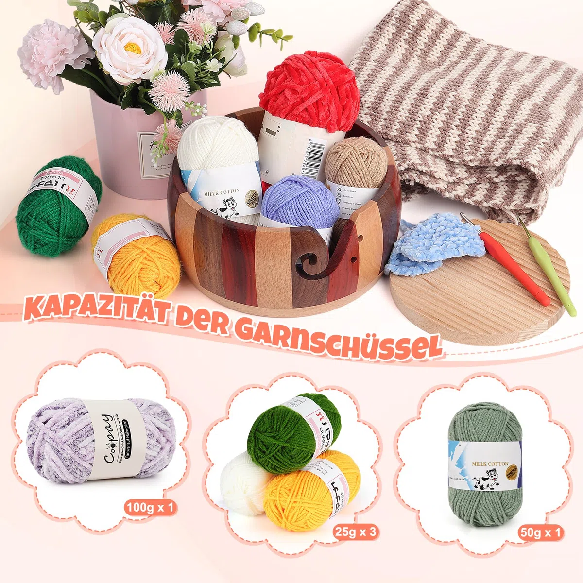 Coopay Super Groß Garnschale zum Häkeln, 21 X 21 X 10 cm Farbenfroh Strickschale zum Strick- und Häkelprojekte, Handgefertigte Groß Wollschüssel mit Löchern für Wolle, Wooden Yarn Bowl