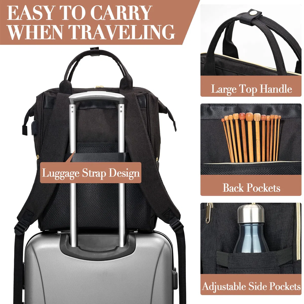 Stricktasche Rucksack, Garn Organizer mit USB-Ladeanschluss, Quilted Rucksack für Frauen, Große Reise Häkeltasche Totes für Häkelhaken, Stricknadeln, Garn Zubehör, Schwarz
