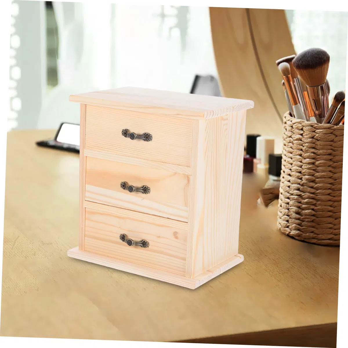 Holz Schreibtisch Organizer mit DREI Schubladen Kleiner Holzschrank für Büro Stilvoller Miniatur Aufbewahrungsbox für Schmuck und Kleinteile Praktischer Schubladen Organizer für