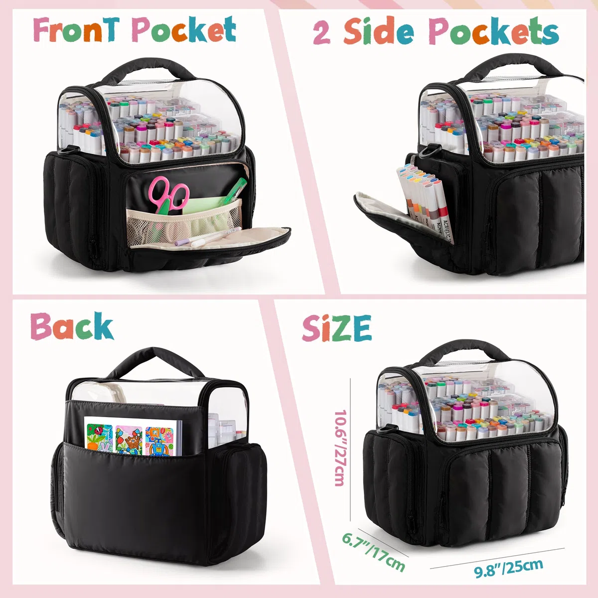 Rexmica Große Aufbewahrungstasche für 210 Marker Stifte, Gepolsterte Marker-Organizer-Tasche mit Schultergurt für Erwachsene, Künstler, Lehrer und Malbegeisterte, Schwarz (Leerer Beutel)
