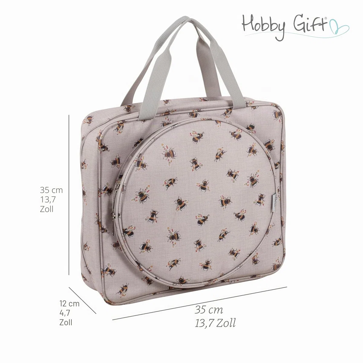 Hobby Gift Bienen-Basteltasche, Stick- und Kreuzstichtasche, Aufbewahrung für Mehrfachrahmen bis zu 25 cm, mit 2 Reißverschlusstaschen für Fäden, Muster, Stecknadeln und Zubehör, 12x35x35 cm