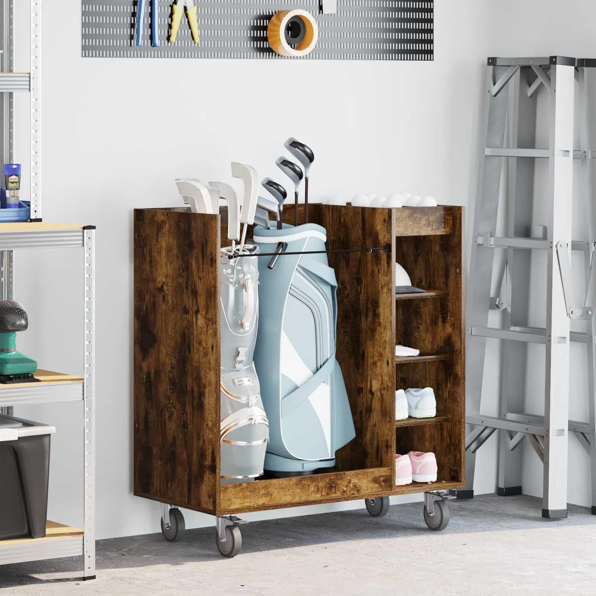 Golf Schrank mit Rad in geräucherter Eiche, 90 x 45 x 98 cm, Holz und Metall, mit Stauraum für Golftaschenzubehör, Organizer und Trolley, ideal für Innenräume und Garage