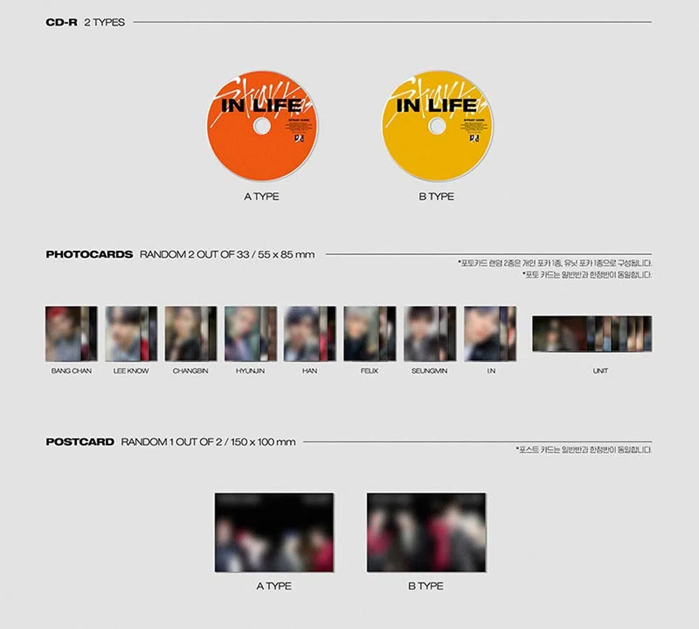 JYP Ent Stray Kids IN Life Standard Ver. (B Type) Repackage Album CD+Photobook+2 Photocards+Postcard+(Extra 4 Photocards+1 Double-Sided Photocard+Pocket Mirror)