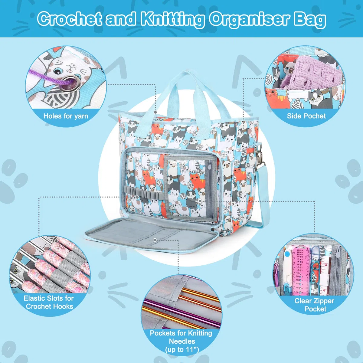 Aeelike Übergröße Aufbewahrungstasche für Wolle, Tragbar Stricktasche Handarbeitstasche mit Schultergurte, Dauerhaft Tasche Stricken Aufbewahrung für Garn, Stricknadeln und Zubehör, Blaue Katze