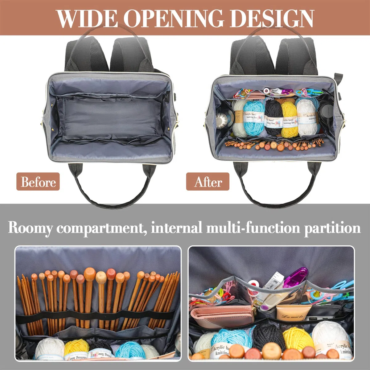 Stricktasche Rucksack, Garn Organizer mit USB-Ladeanschluss, Quilted Rucksack für Frauen, Große Reise Häkeltasche Totes für Häkelhaken, Stricknadeln, Garn Zubehör, Schwarz