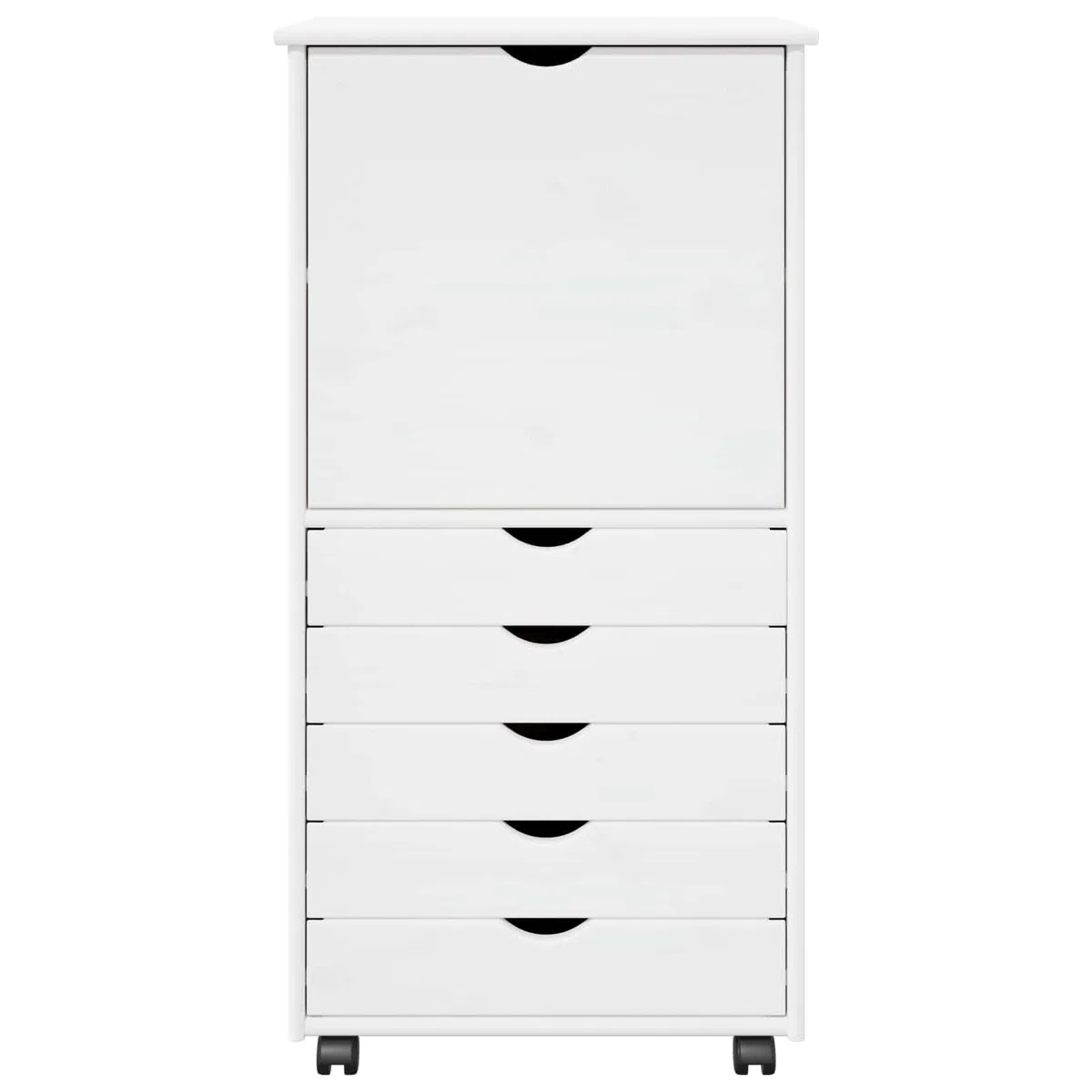 Rollschrank Kiefer Massivholz Weiß 53 x 39 x 103 cm Mobiler Rollcontainer mit 5 Schubladen und 1 Fach Moderner Beistellschrank für Home-Office Arbeitszimmer und Wohnzimmer