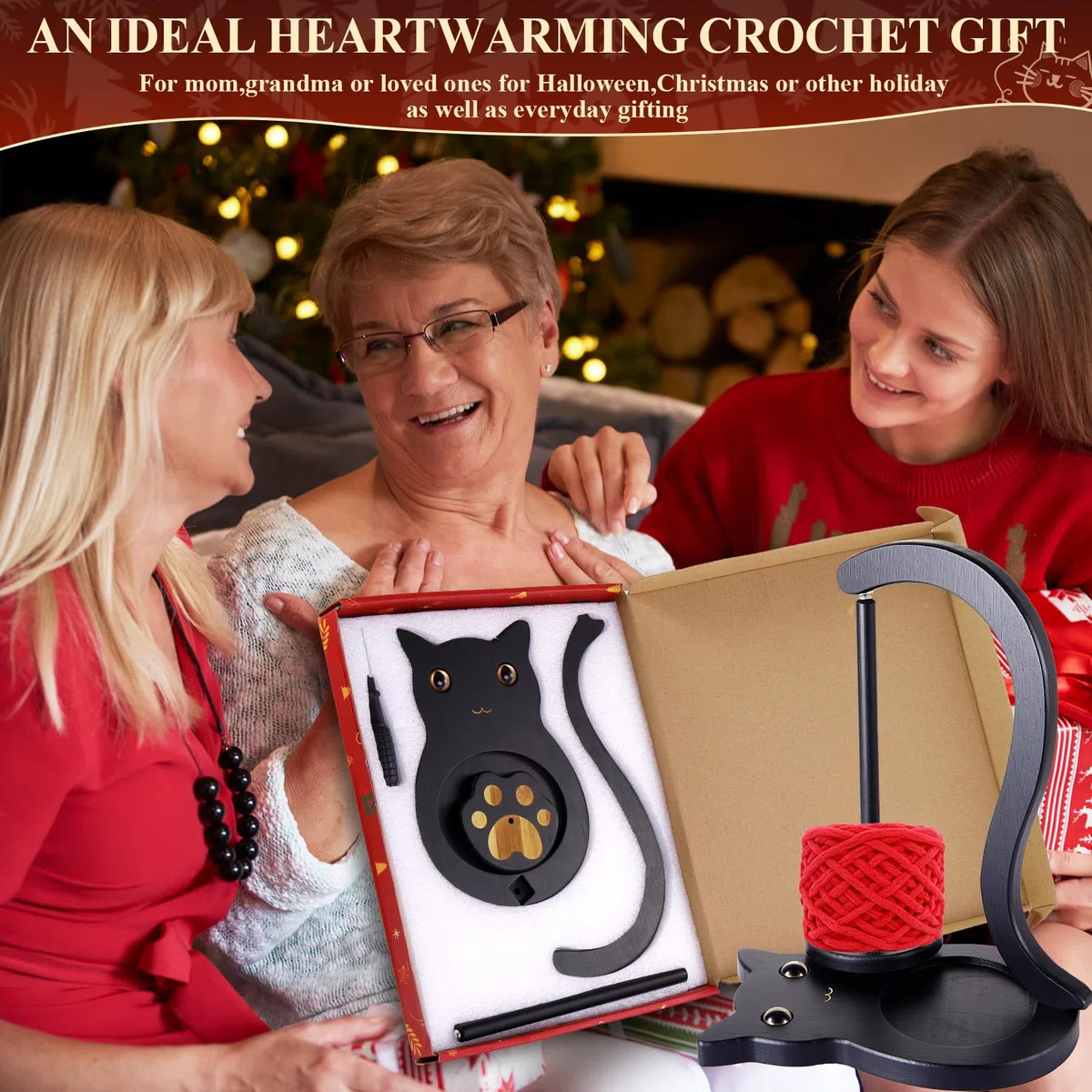 Schwarze Katze Wollabwickler für Häkeln,Garnhalter Wollhalter mit Magnetischer Rotierender Häkelzubehör Lagerung,Wollknäuelhalter Garnknäuelhalter Häkelgeschenk für Strickbegeisterte mit Geschenkbox