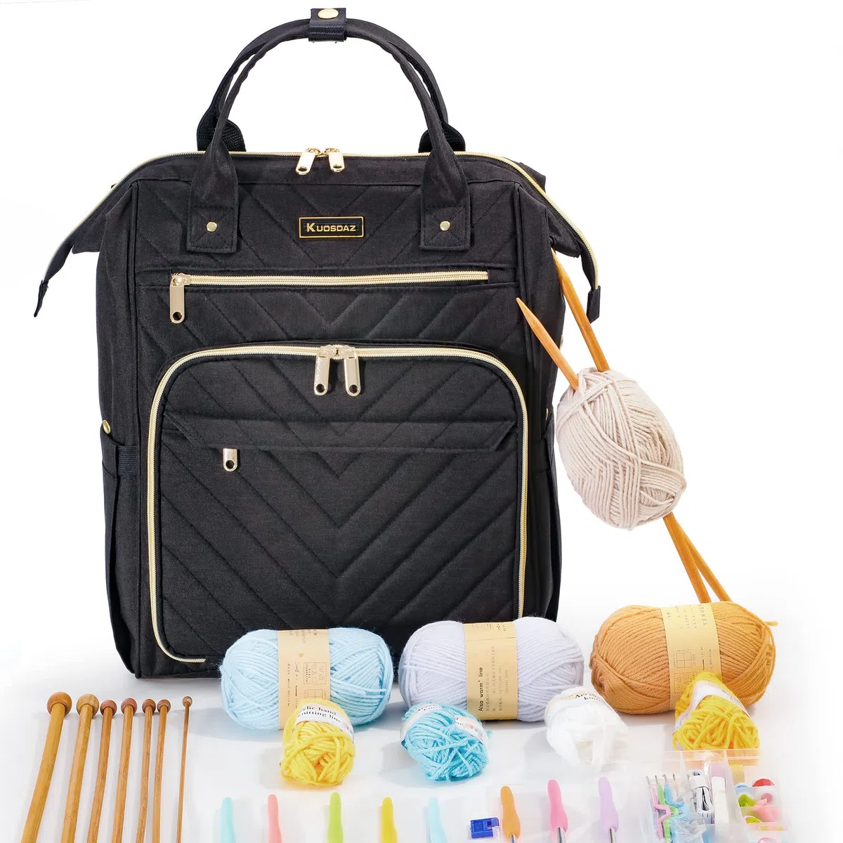Stricktasche Rucksack, Garn Organizer mit USB-Ladeanschluss, Quilted Rucksack für Frauen, Große Reise Häkeltasche Totes für Häkelhaken, Stricknadeln, Garn Zubehör, Schwarz