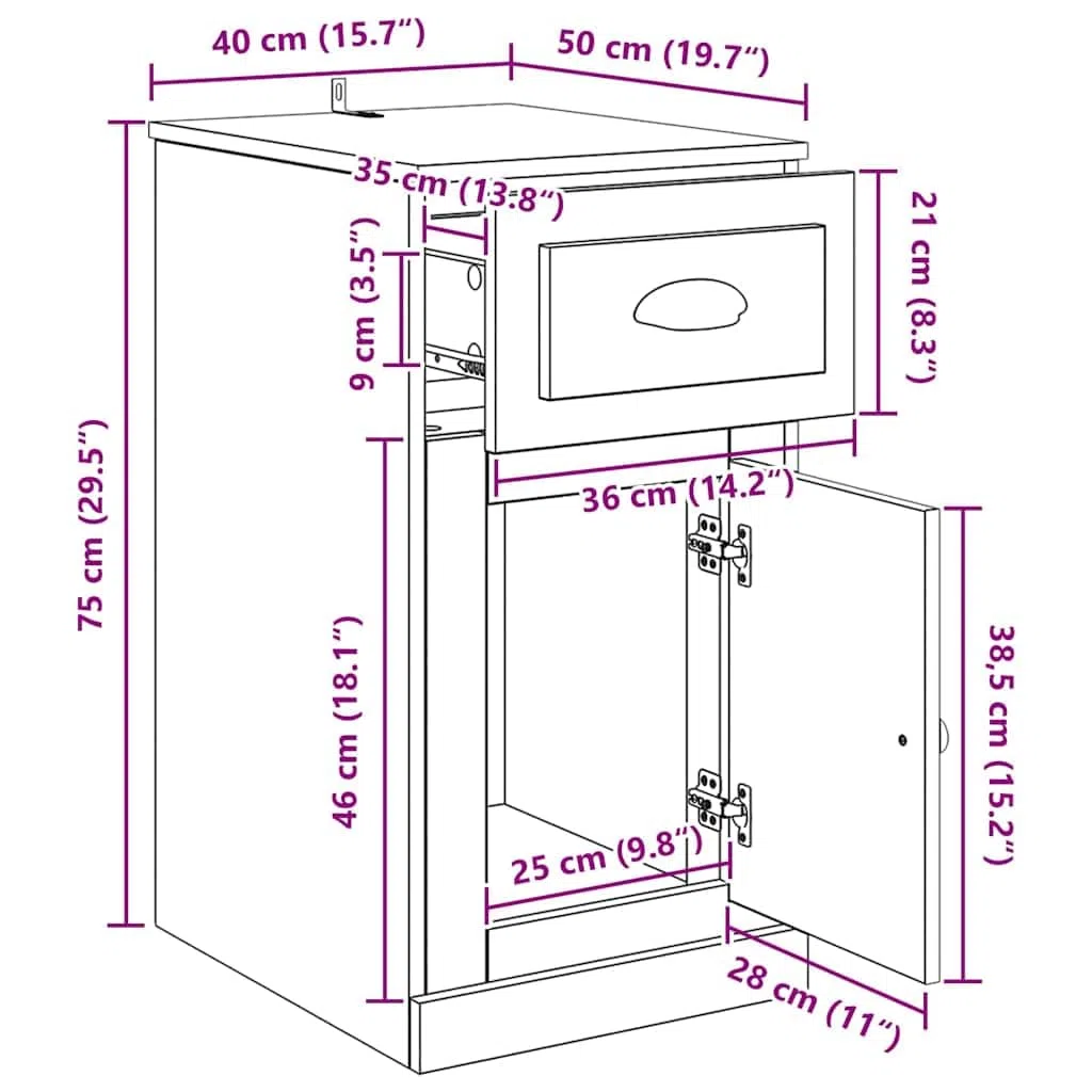 vidaXL Seitenschrank Artisan-Eiche 40 x 50 x 75 cm Holzwerkstoff, Moderner rechteckiger Wohnzimmerschrank, haltbare Aufbewahrung, viel Platz, seitliche Schubladen, Holzdesign