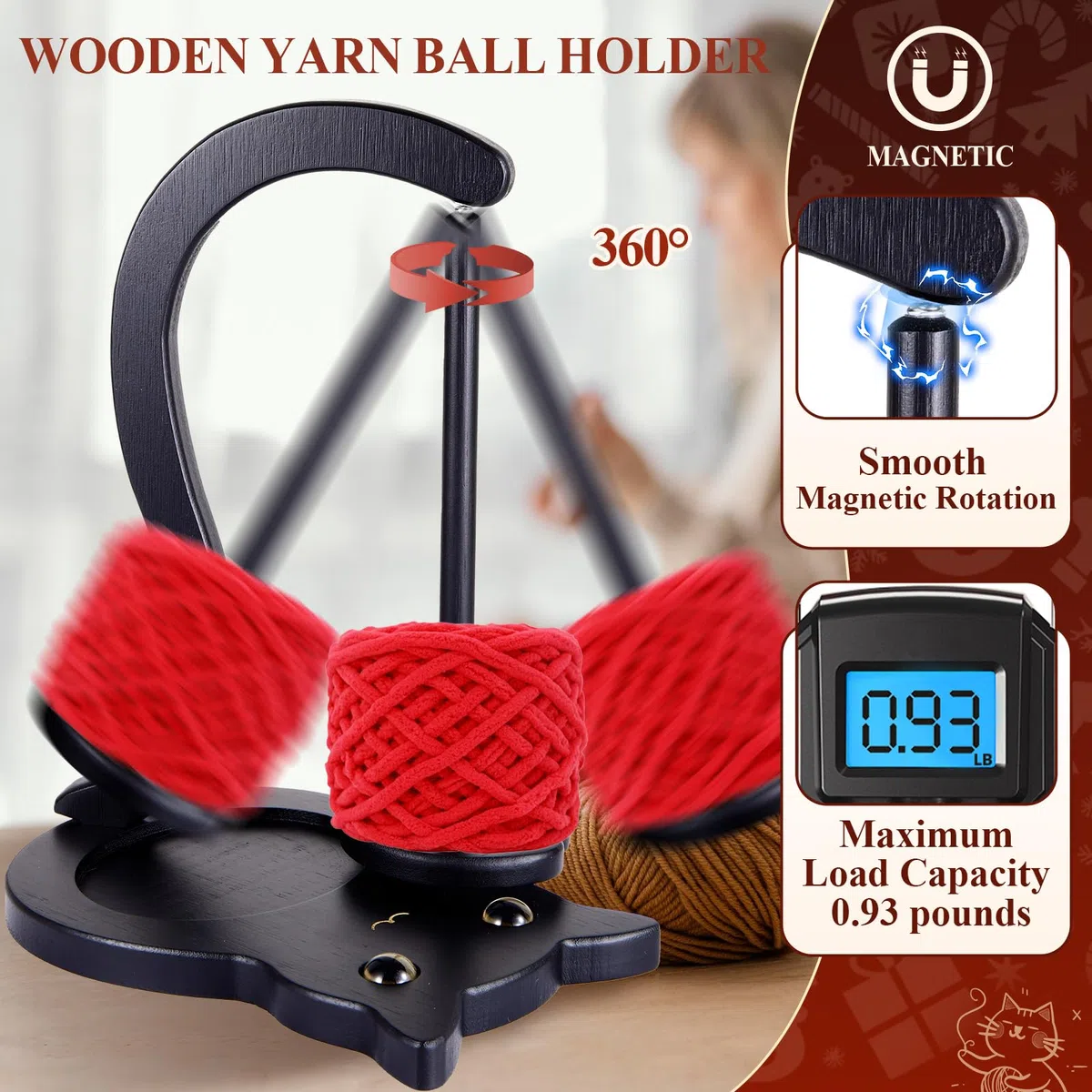 Schwarze Katze Wollabwickler für Häkeln,Garnhalter Wollhalter mit Magnetischer Rotierender Häkelzubehör Lagerung,Wollknäuelhalter Garnknäuelhalter Häkelgeschenk für Strickbegeisterte mit Geschenkbox