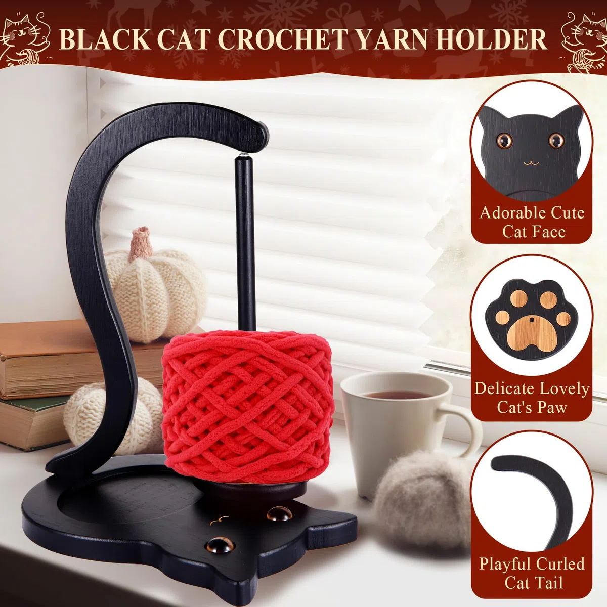 Schwarze Katze Wollabwickler für Häkeln,Garnhalter Wollhalter mit Magnetischer Rotierender Häkelzubehör Lagerung,Wollknäuelhalter Garnknäuelhalter Häkelgeschenk für Strickbegeisterte mit Geschenkbox