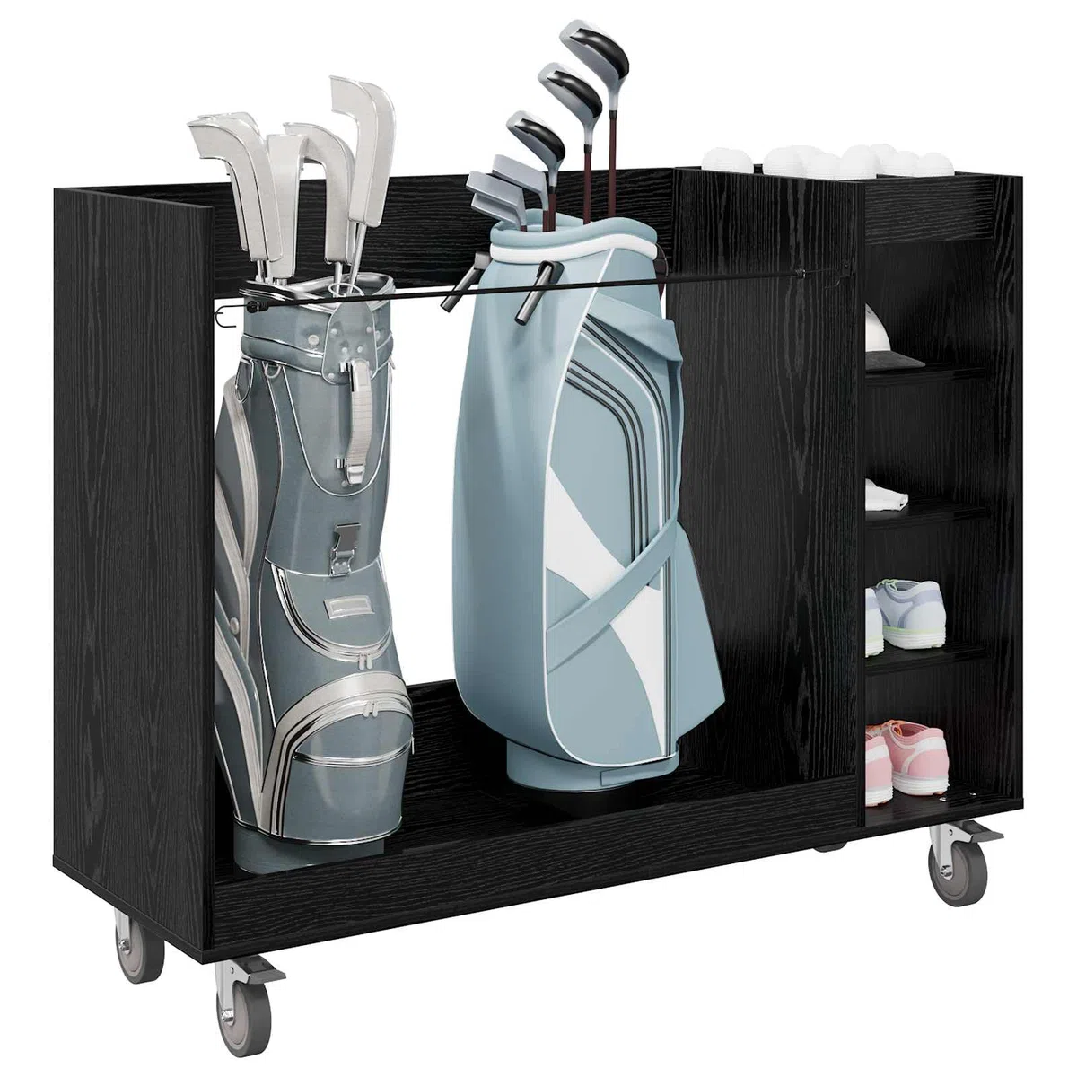 vidaXL Golf Schrank Mit Rad Uni Schwarz Eichen-Optik 120 x 45 x 98 cm, Geräumiger Stauraum, schicker Garagenschrank, rechteckiger Golf-Organizer, freistehendes Holzregal