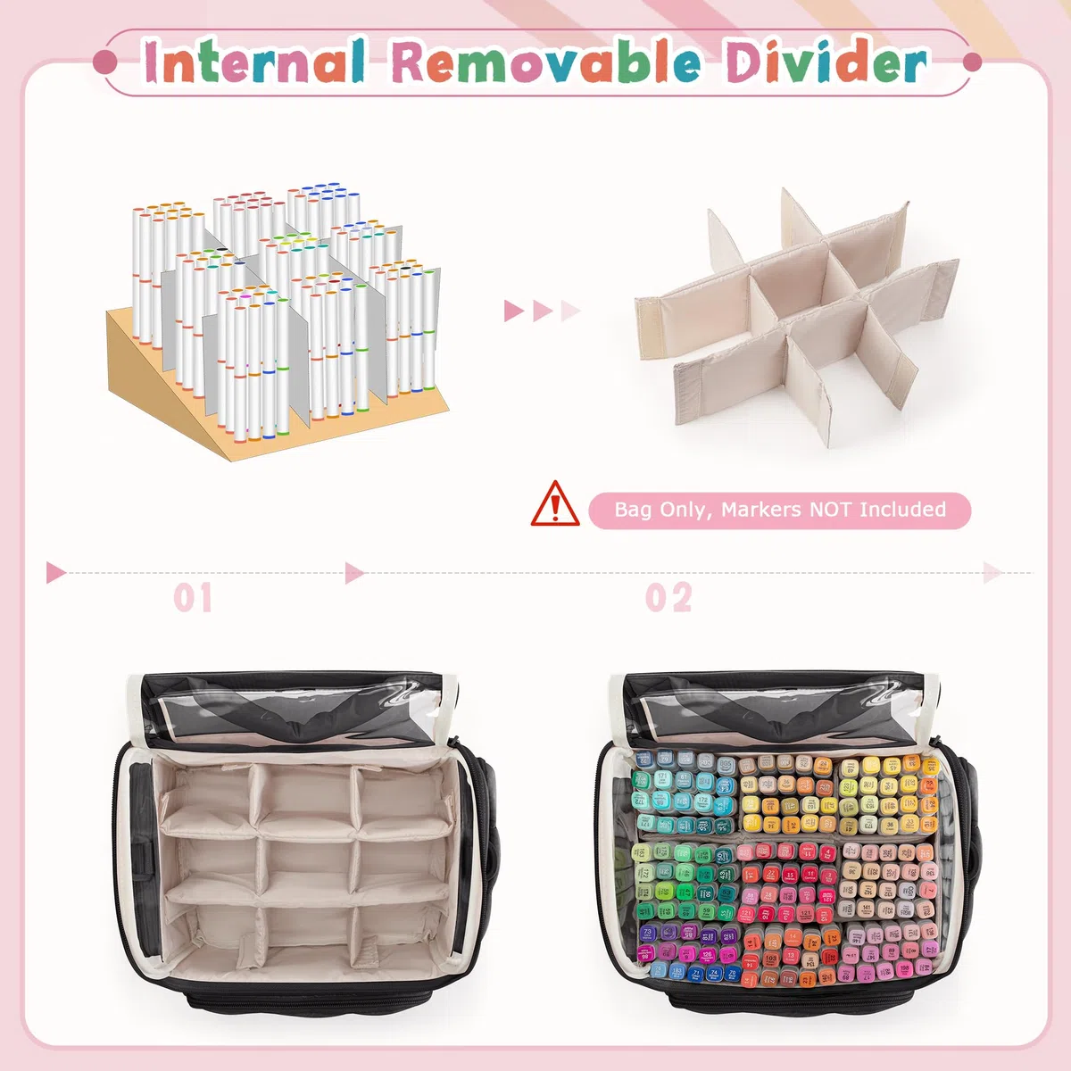 Rexmica Große Aufbewahrungstasche für 210 Marker Stifte, Gepolsterte Marker-Organizer-Tasche mit Schultergurt für Erwachsene, Künstler, Lehrer und Malbegeisterte, Schwarz (Leerer Beutel)