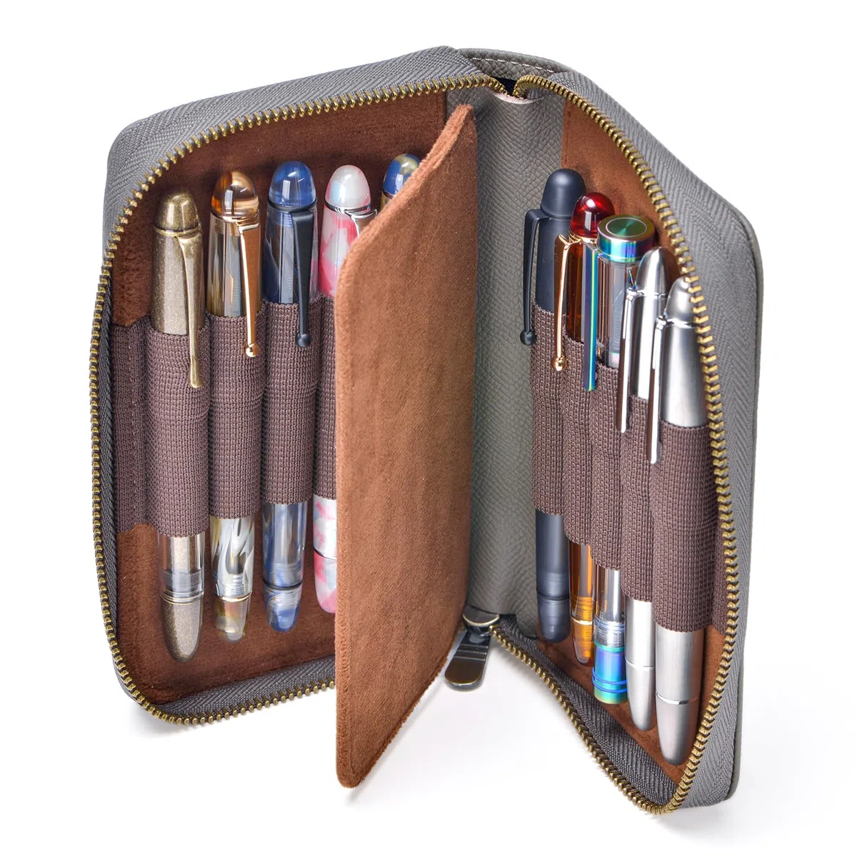 Asvine Füllfederhalter Leder Kugelschreiber Etui 10 geteilte Schlitze Stifthalter Handgefertigter Display Organizer Reißverschlusstasche