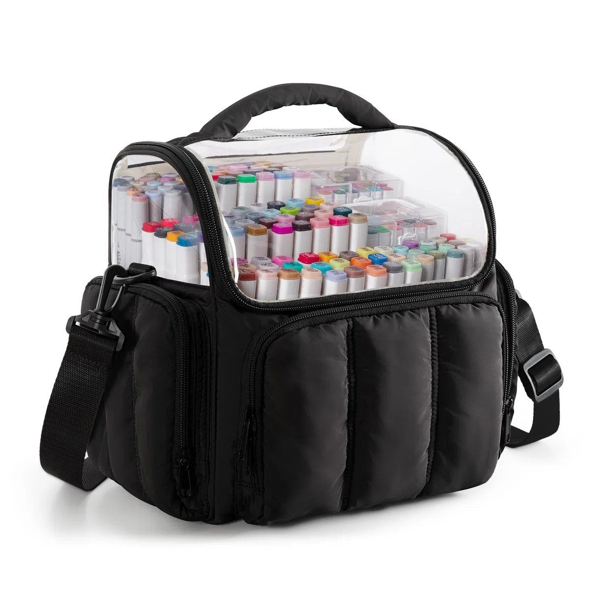 Rexmica Große Aufbewahrungstasche für 210 Marker Stifte, Gepolsterte Marker-Organizer-Tasche mit Schultergurt für Erwachsene, Künstler, Lehrer und Malbegeisterte, Schwarz (Leerer Beutel)
