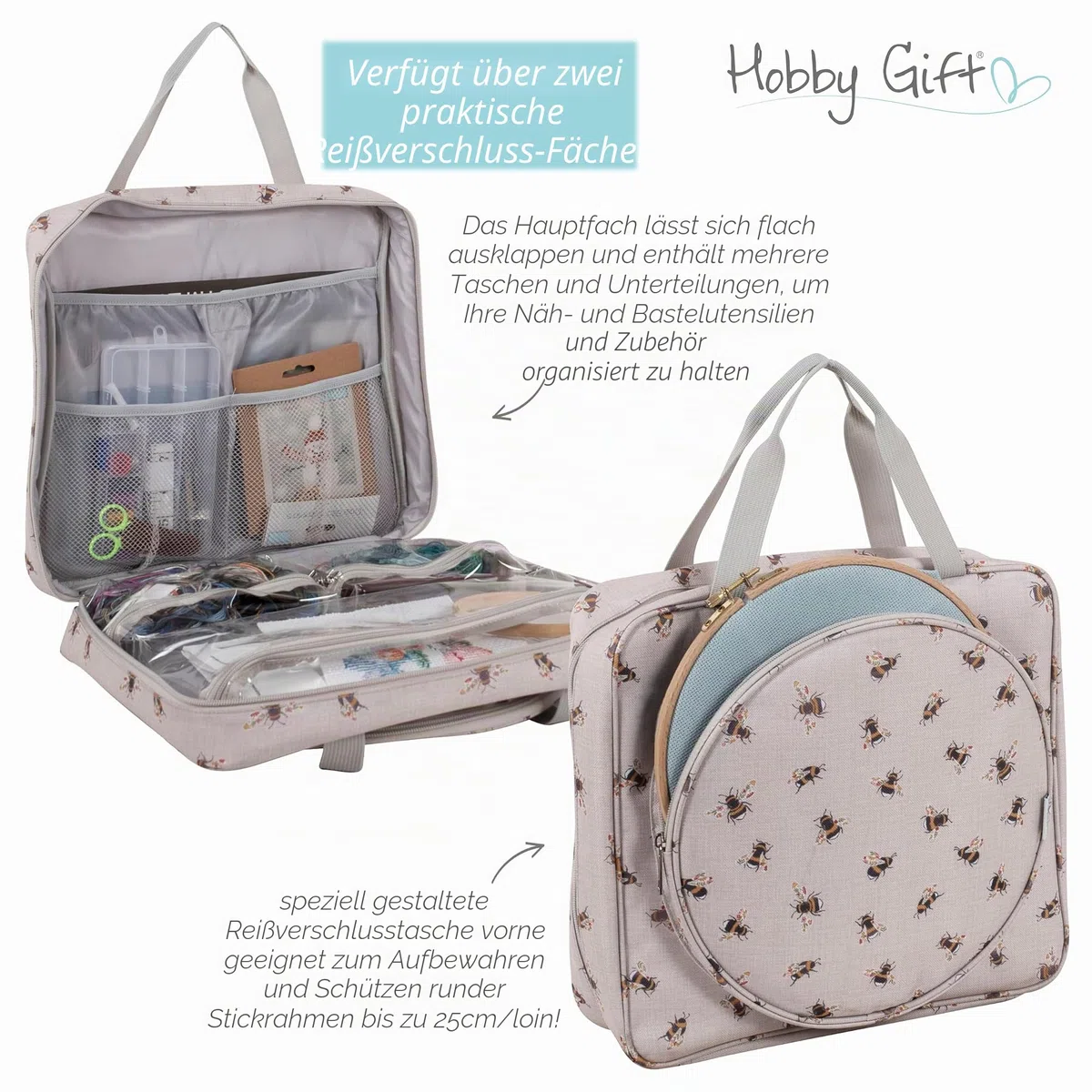 Hobby Gift Bienen-Basteltasche, Stick- und Kreuzstichtasche, Aufbewahrung für Mehrfachrahmen bis zu 25 cm, mit 2 Reißverschlusstaschen für Fäden, Muster, Stecknadeln und Zubehör, 12x35x35 cm