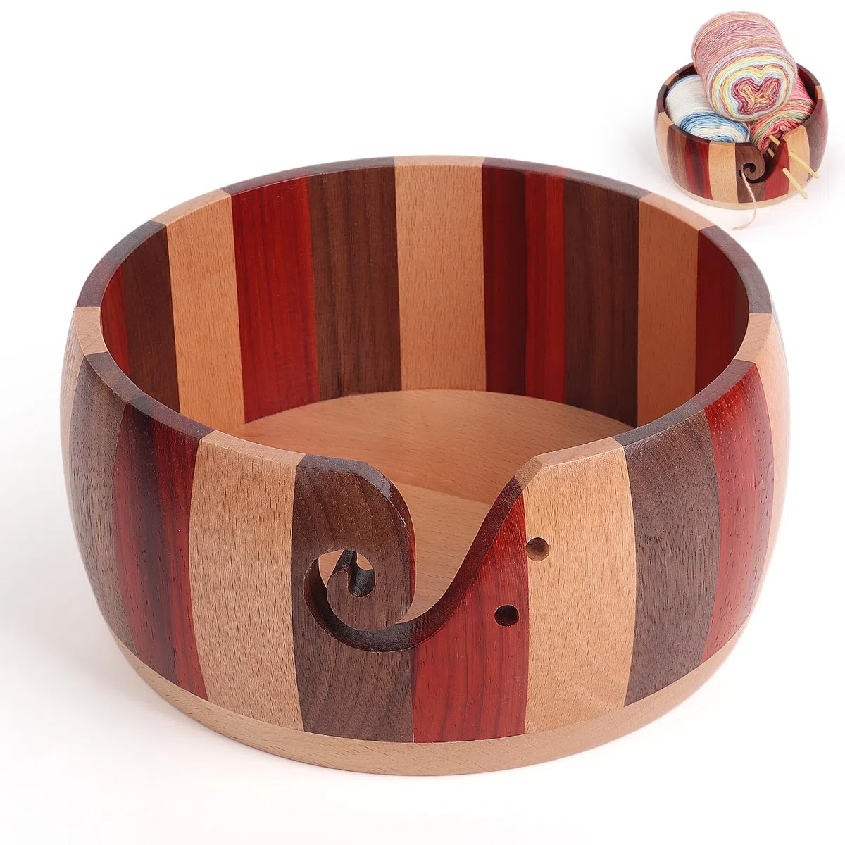 Coopay Super Groß Garnschale zum Häkeln, 21 X 21 X 10 cm Farbenfroh Strickschale zum Strick- und Häkelprojekte, Handgefertigte Groß Wollschüssel mit Löchern für Wolle, Wooden Yarn Bowl