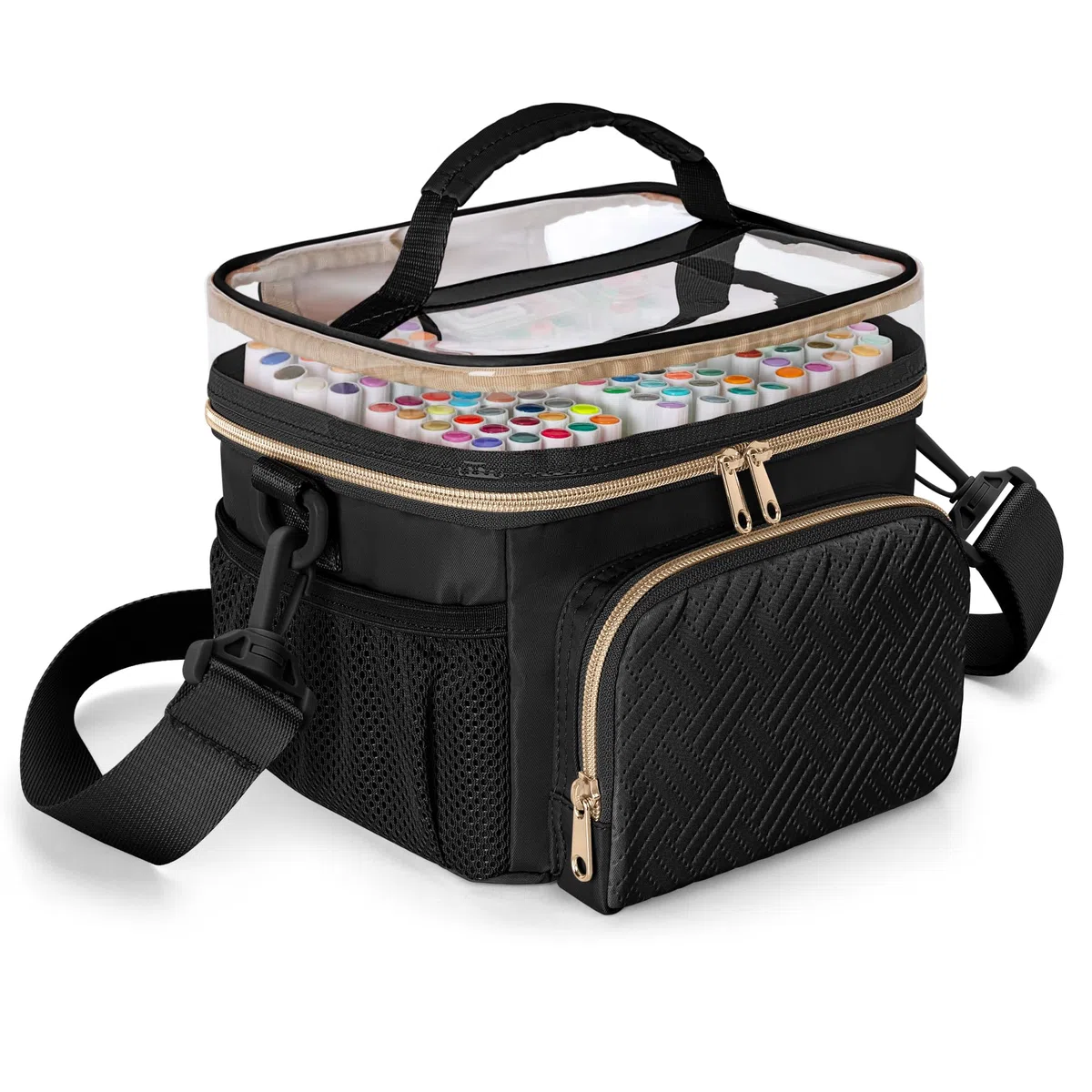 Rexmica Reisetragetasche Für 100 Farben Marker Stifte, Marker Aufbewahrungstasche mit Trennwand und Schultergurt, Reisetragetasche mit 3 Taschen, Schwarz (Leerer Beutel)