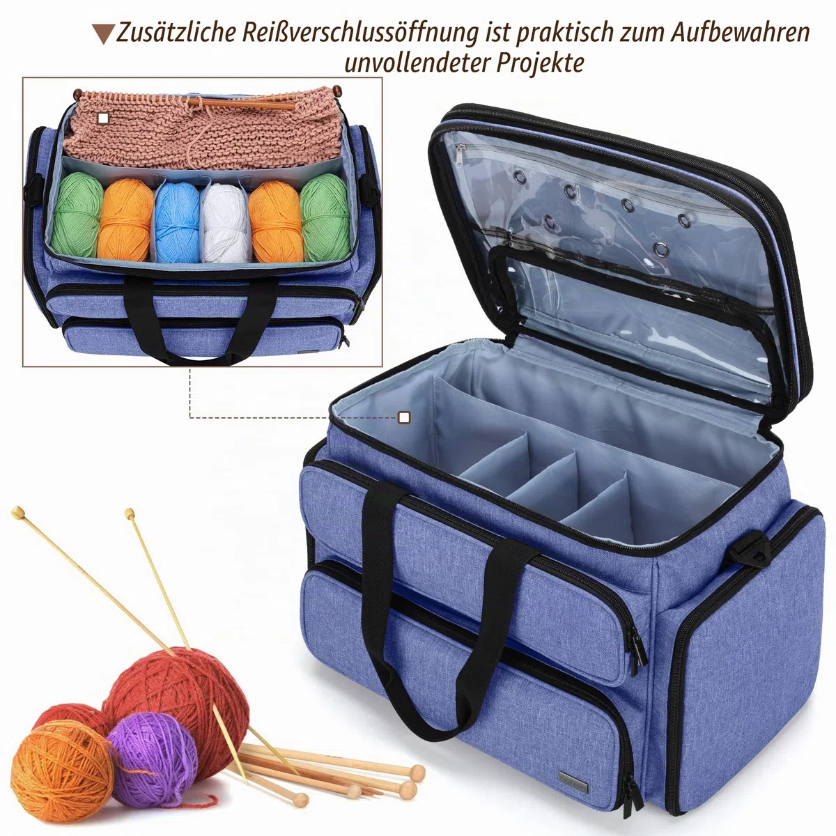 Yarwo Stricktasche zur Aufbewahrung von Wolle, Häkel Aufbewahrungstasche für Garn, Handarbeitstasche für Stricken Wolle und Häkel Zubehör, Blau