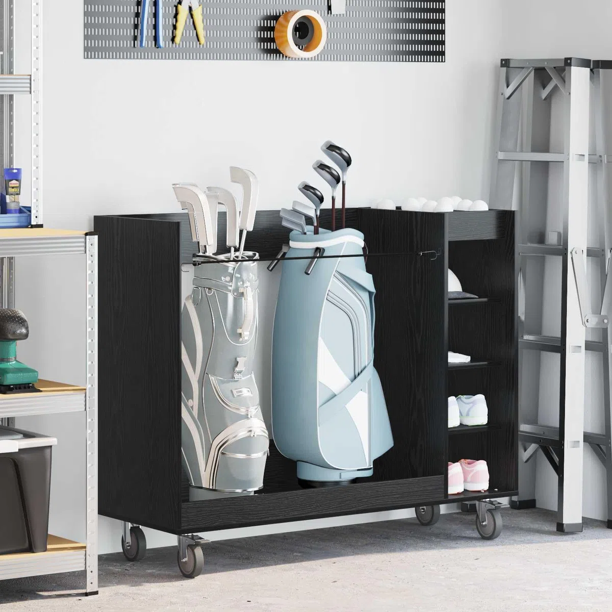 vidaXL Golf Schrank Mit Rad Uni Schwarz Eichen-Optik 120 x 45 x 98 cm, Geräumiger Stauraum, schicker Garagenschrank, rechteckiger Golf-Organizer, freistehendes Holzregal