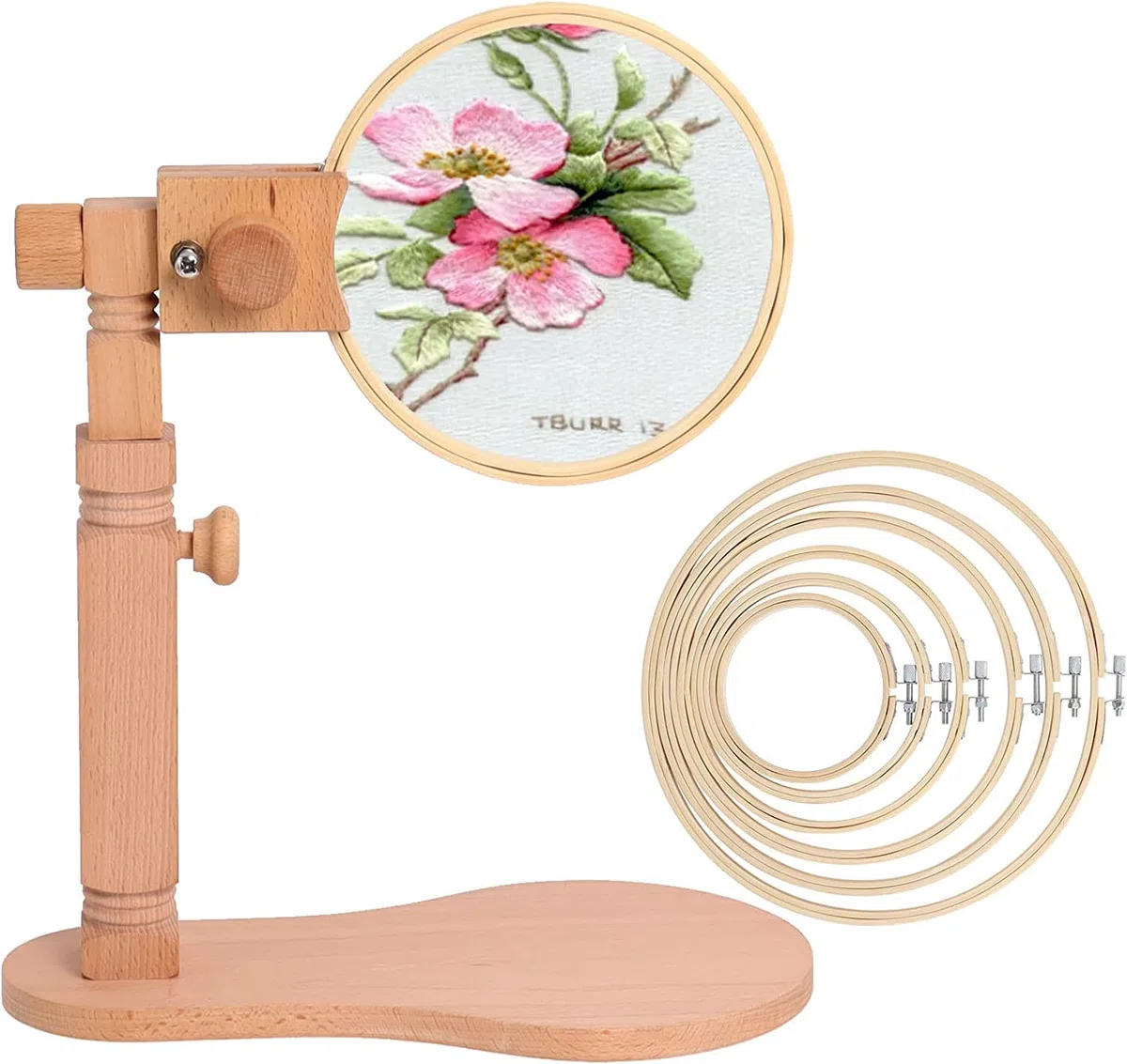 Stickrahmen Halterung aus Holz mit Runder Stickrahmen, Stickständer aus Holz für Tisch und Couch mit Kreuzstich Ring für Handarbeiten Kunsthandwerk Nähprojekte von Poweka