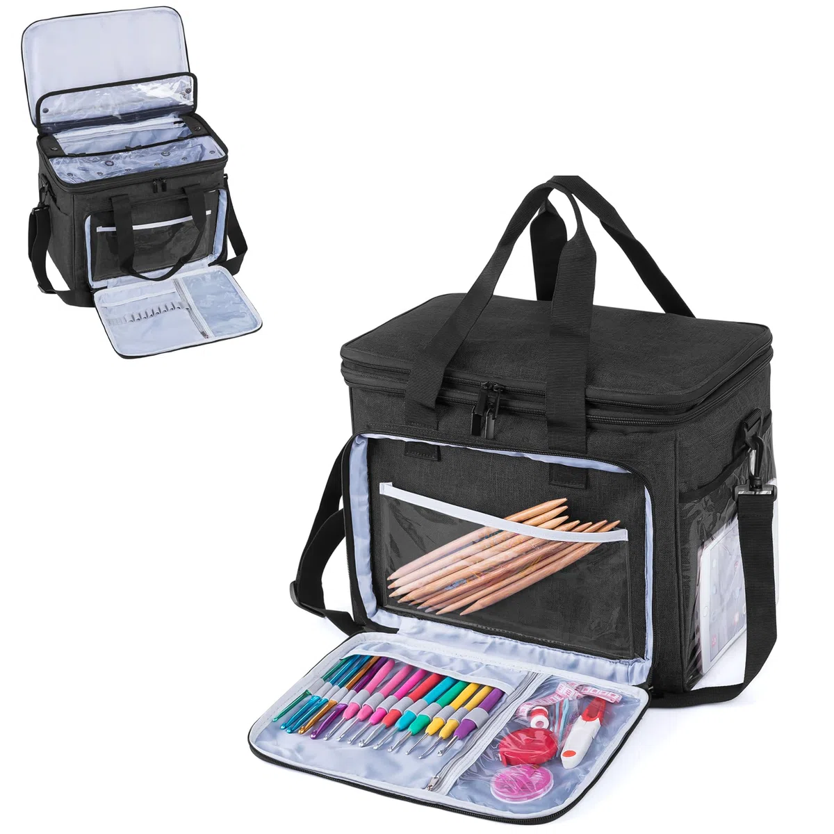 Teamoy Tragetasche für die Aufbewahrung von Wolle, Strick-/Häkeltasche mit mehreren Taschen, Tragegriff und Schulterriemen (kein Zubehör im Lieferumfang enthalten) (groß mit Deckel, schwarz), Schwarz,